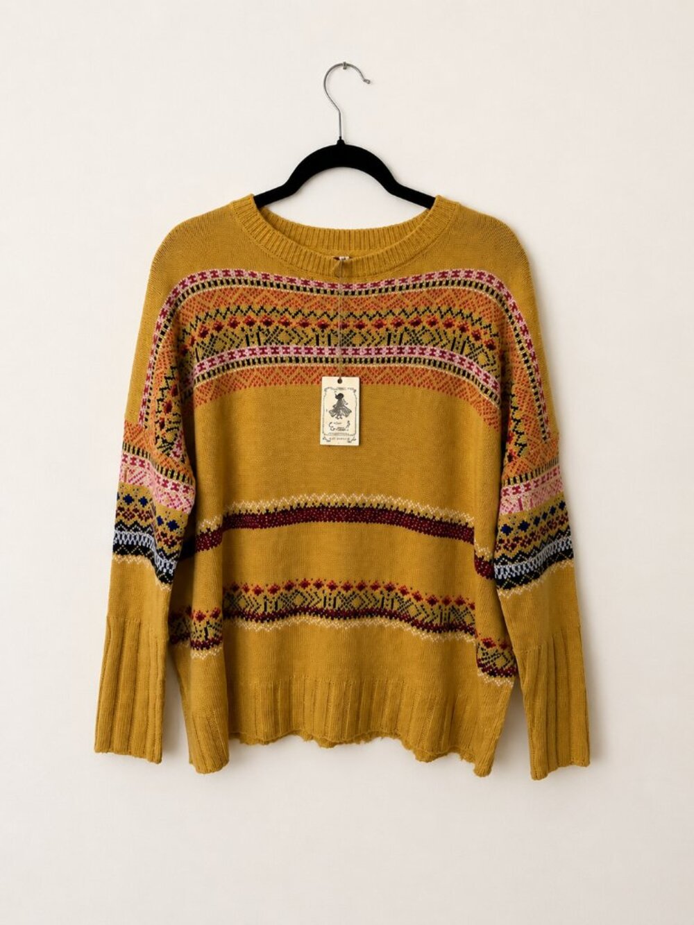 NWT Easel Women’s Small Yellow Fair Isle Nordic Oversized Boho Knit Sweater